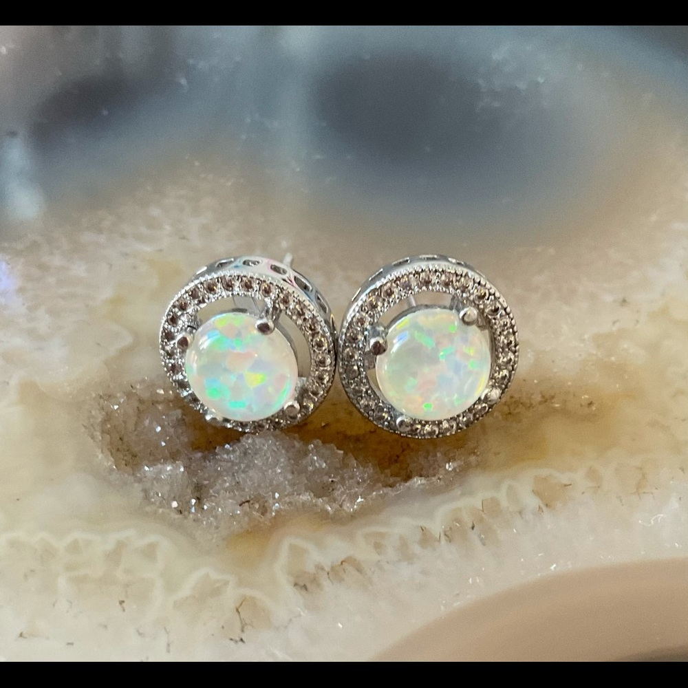 Sterling silver opal stud earrings cubic zirconia pave round halo earrings